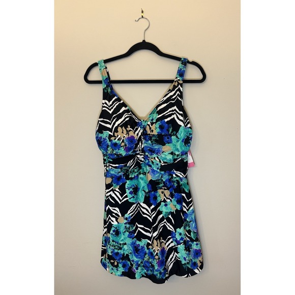NWT Rose Marie Reid Ladies Swim Dress Zebra Blue Floral Women's Size 16 - Picture 1 of 7
